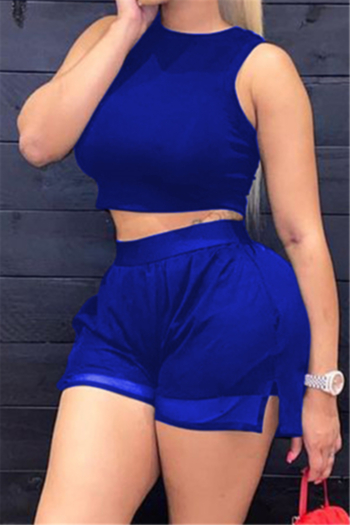 plus size solid color short vest with shorts stitching mesh simple two-piece set
