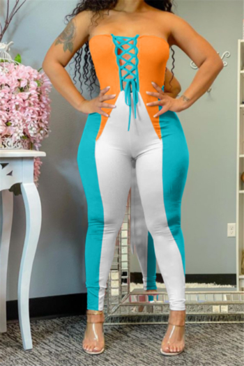plus size contrast color printing hollow out strapless lace-up tight jumpsuit