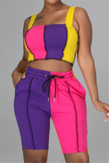 four colors plus size contrast color stitching sleeveless laced shorts fit two-piece set