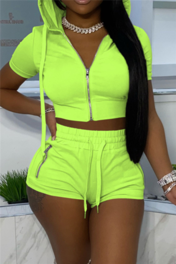 plus size solid color zip-up pocket short sleeve hooded simple laced two-piece set