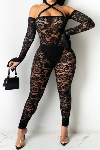 plus size see through lace stretch off-shoulder halter-neck sexy tight jumpsuit (without lining)