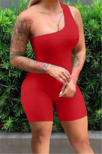plus size solid color stretch one-shoulder stylish sports tight playsuit