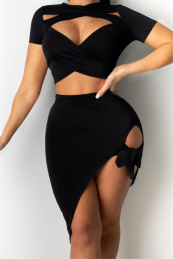 plus size solid color stretch hollow t-shirt with irregular skirt stylish sexy two-piece set