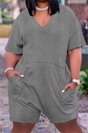 plus size solid color stretch v-neck pockets stylish casual playsuit