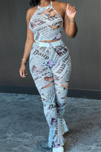 plus size newspaper and butterflies batch print stretch vest with bell-bottoms stylish two-piece set