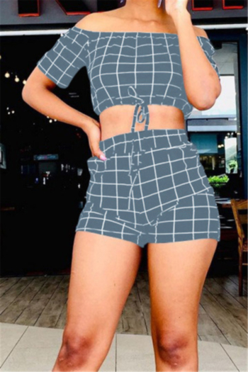 Plus size lattice print stretch off-shoulder drawstring stylish casual two-piece set