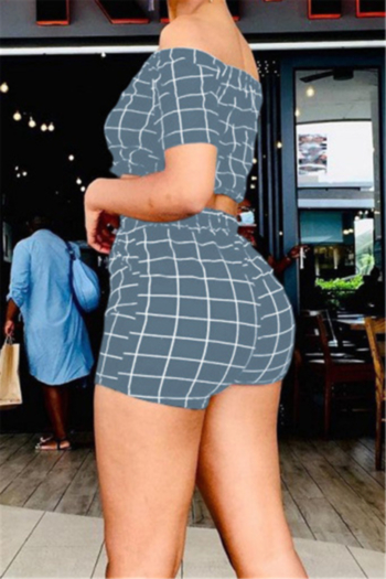 Plus size lattice print stretch off-shoulder drawstring stylish casual two-piece set