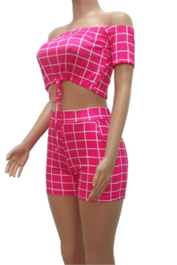 Plus size lattice print stretch off-shoulder drawstring stylish casual two-piece set