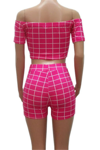 Plus size lattice print stretch off-shoulder drawstring stylish casual two-piece set