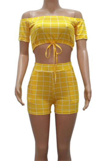 Plus size lattice print stretch off-shoulder drawstring stylish casual two-piece set