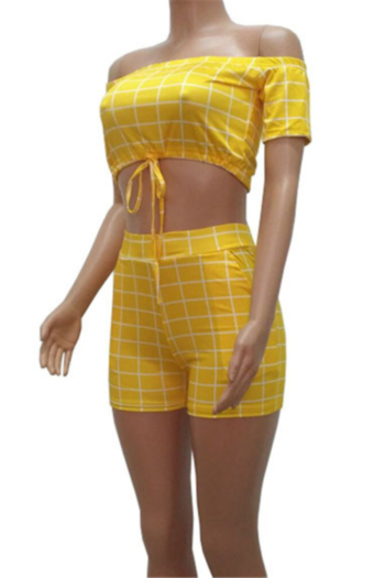 Plus size lattice print stretch off-shoulder drawstring stylish casual two-piece set