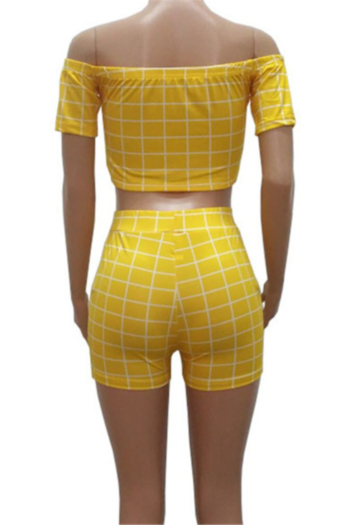 Plus size lattice print stretch off-shoulder drawstring stylish casual two-piece set