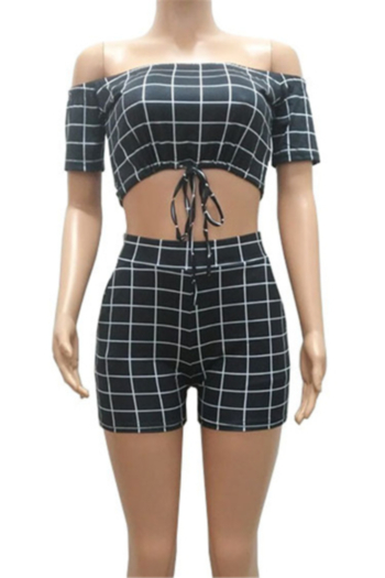 Plus size lattice print stretch off-shoulder drawstring stylish casual two-piece set