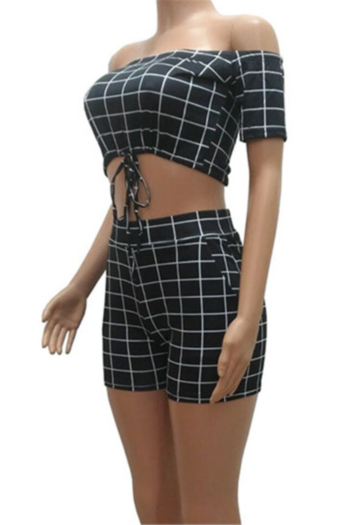 Plus size lattice print stretch off-shoulder drawstring stylish casual two-piece set