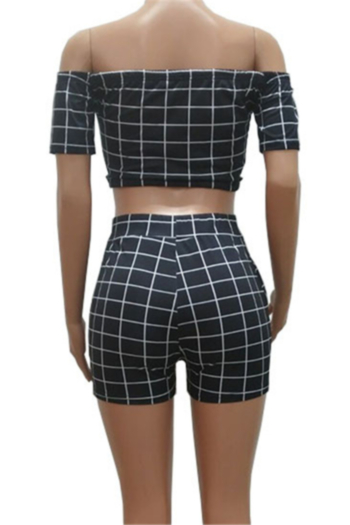 Plus size lattice print stretch off-shoulder drawstring stylish casual two-piece set