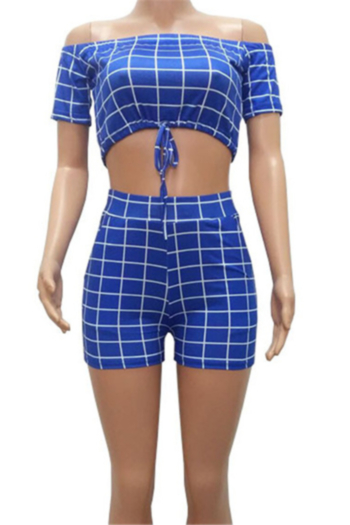 Plus size lattice print stretch off-shoulder drawstring stylish casual two-piece set