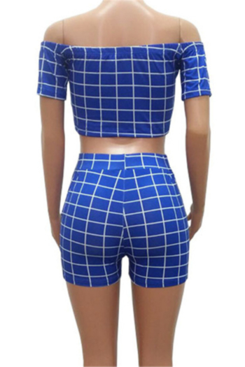 Plus size lattice print stretch off-shoulder drawstring stylish casual two-piece set