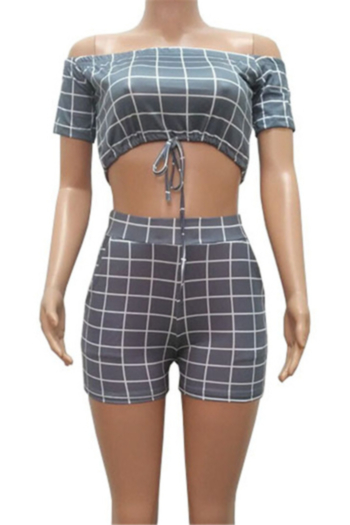 Plus size lattice print stretch off-shoulder drawstring stylish casual two-piece set