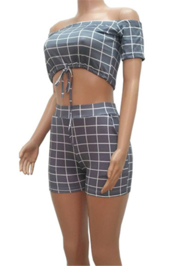 Plus size lattice print stretch off-shoulder drawstring stylish casual two-piece set