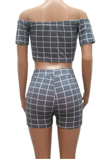 Plus size lattice print stretch off-shoulder drawstring stylish casual two-piece set