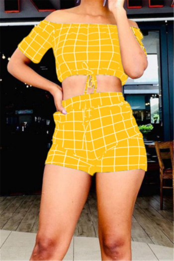 Plus size lattice print stretch off-shoulder drawstring stylish casual two-piece set