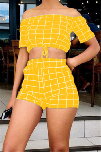 Plus size lattice print stretch off-shoulder drawstring stylish casual two-piece set