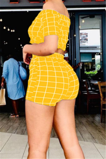 Plus size lattice print stretch off-shoulder drawstring stylish casual two-piece set