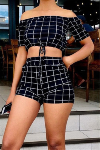 Plus size lattice print stretch off-shoulder drawstring stylish casual two-piece set