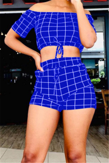 Plus size lattice print stretch off-shoulder drawstring stylish casual two-piece set