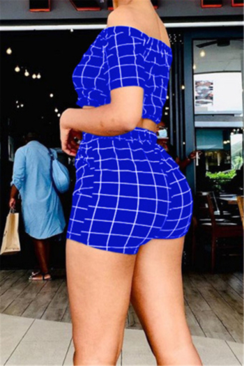 Plus size lattice print stretch off-shoulder drawstring stylish casual two-piece set