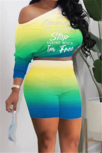 plus size three colors gradient letters printing stretch boat-neck stylish casual two-piece set