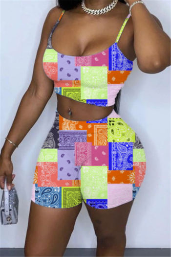 summer new multicolor batch mosaic style printing stretch sling stylish sports two-piece set