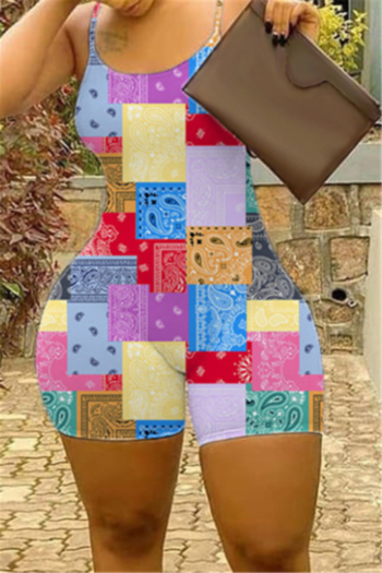 summer new colorful batch mosaic style printing stretch sling stylish slim playsuit