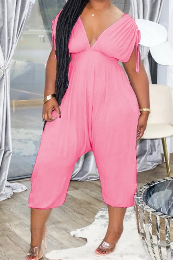 plus size solid color stretch front and back v-neck drawstring stylish jumpsuit
