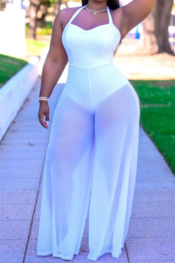 plus size see through mesh spliced stretch wide-leg sexy stylish jumpsuit