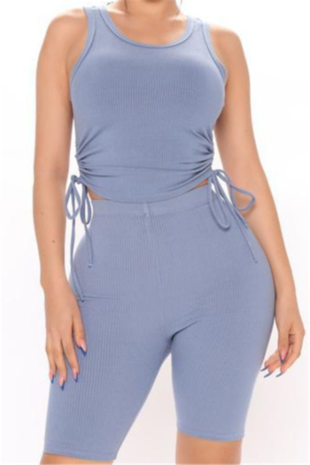 plus size solid color ribbed fabric stretch drawstring stylish sports two-piece set