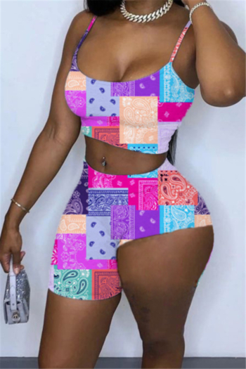 summer new mosaic style batch printing stretch vest with irregular shorts stylish two-piece set 2#