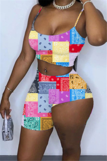 summer new mosaic style batch printing stretch vest with irregular shorts stylish two-piece set 3#