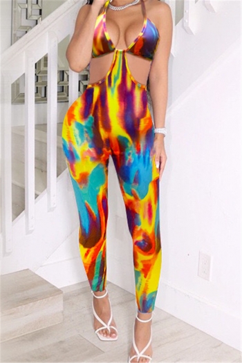 plus size colorful batch printing stretch halter-neck hollow sexy slim jumpsuit