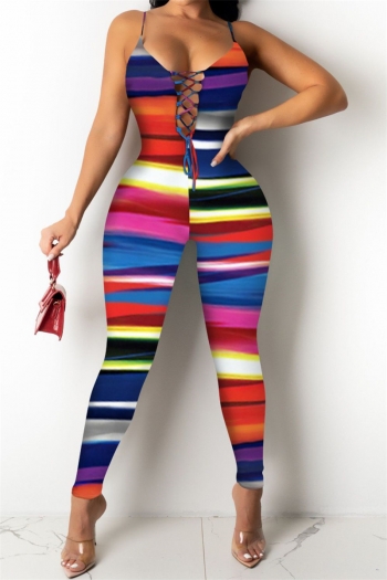 plus size colorful batch irregular stripes printing stretch sling hollow lace-up sexy tight jumpsuit