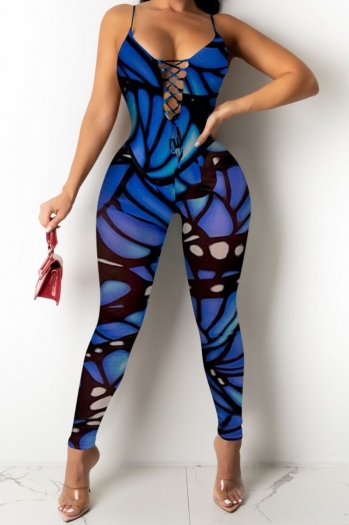 plus size batch printing stretch sling hollow lace-up sexy stylish tight jumpsuit