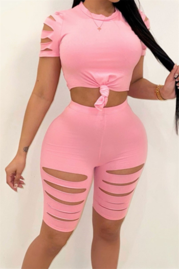 plus size solid colors stretch cut-out stylish casual two-piece set