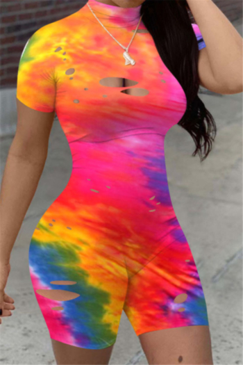 plus size colorful tie-dye stretch holes design back zip-up stylish personality slim playsuit