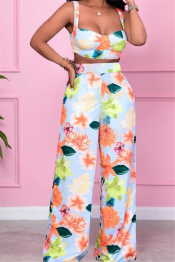 plus size flowers printing stretch low-cut vest with wide-leg pants stylish two-piece set