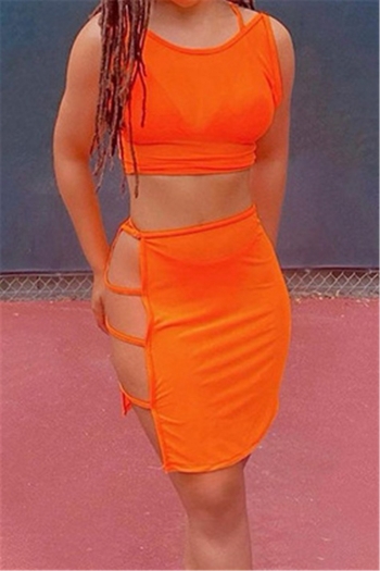 plus size solid color stretch vest with hollow mini skirt sexy stylish two-piece set