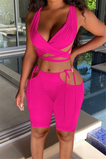 summer new plus size solid color stretch hollow bandage sexy two-piece set