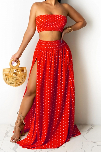summer new plus size dots printing tube top with high slit long skirt stylish two-piece set