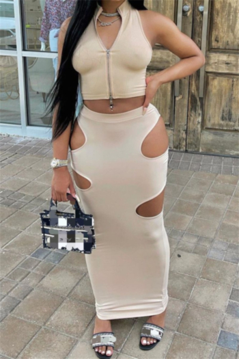 summer new plus size stretch zip-up vest with hollow long skirt sexy stylish two-piece set