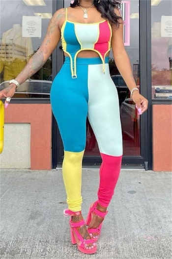 new plus size multicolor colorblock stretch sling sexy sports slim two-piece set 1#