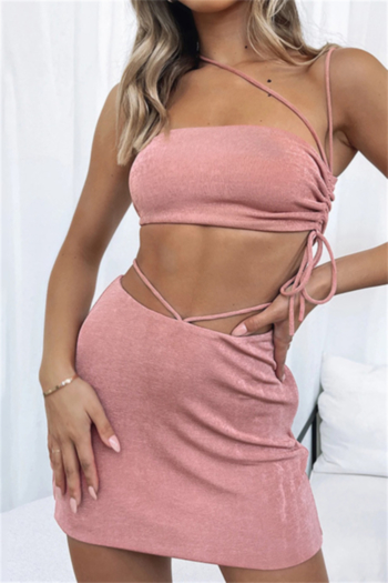 summer new solid color stretch drawstring irregular sling sexy two-piece set